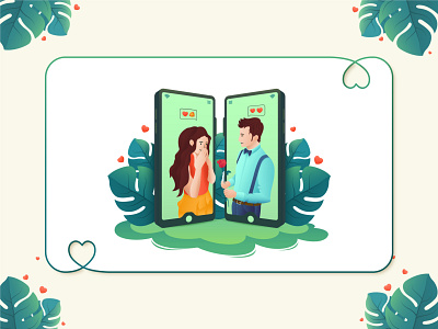 Dating app illustration. Online propose. cartoon character dating dating app illustration love phone propose rose ui