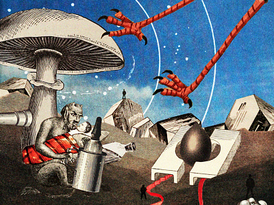 Planet Collage I 50s blue collage colorful devil dystopia futuristic illustration magazine mushroom surreal vulture