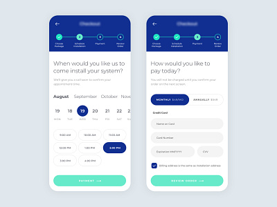 Checkout Screens appointment checkout checkout process clean date picker digital design interface interface design layout mobile mobile ui product design scheduler toggle ui ux