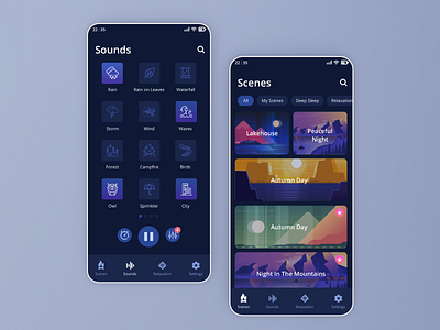 Snoozy App #Exploration app dark icons mobile relaxation sleep sounds ui