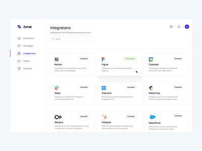 Zomat - Integration dashboard integration page saas ui ux