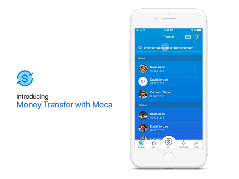 Money Transfer with Moca animate app fintech moca money p2p send money transfer ui ux vietnam