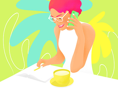 Business woman art book business busy colorfull comics cup of coffee cup of tea eyeglasses girl illustration iphone iphone x lady notebook pen pencil pink hair white woman