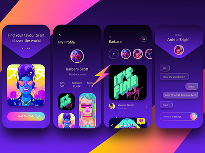 Find your fav art (app) app art artwork branding bright colorfull comics cyperpunk design girl graphic design illustration lady mobile procreate ui violet