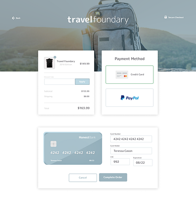 Credit Card Form backpack challenge checkout credit card credit card checkout credit card form daily dailyui dailyui 002 design figma form input paypal travel ui