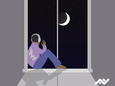 Moon adobeillustrator character design flatillustration illustration moon night shadow star window
