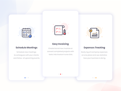 Onboarding Screens iconography icons invoice mobile app onboarding pagination schedule tracking tutorial screen ui ux walkthrough screen