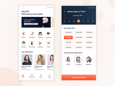Hair Salon - Mobile Application adobe xd appointment beauty booking calendar category date picker design home icons minimal design salon time picker typography user interface ux xd