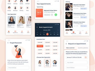 Hair Salon - Mobile Application adobe xd app design appointment bookiing booking calendar forgot password haircut iconography illustration list login mnimal design mobile signup typography typography art