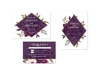 Plum, gold and floral wedding suite design graphic design wedding