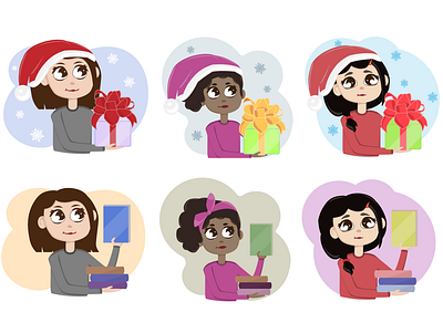 European, American and Asian girls in cartoon style adobe illustrator cartoon celebration congratulations girls greeting cards holidays illustration merry christmas set vector