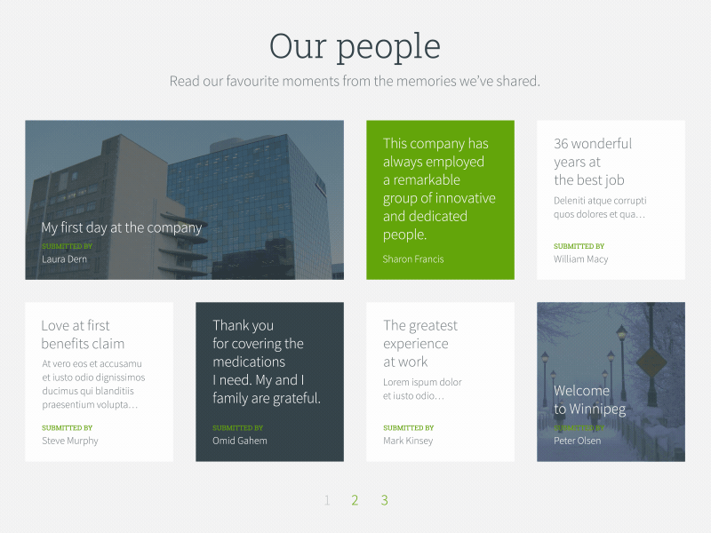 Our People cards concept memories modal stories ui ux web