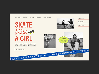 Nonprofit Hero design fun hero home homepage nonprofit playful skate skateboarding sticker trend trendy type typography ui web