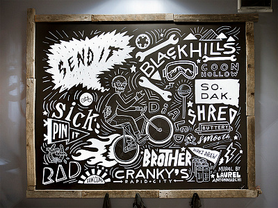 Cranky's Bike Shop bicycle black and white black hills chalkboard hand lettering mountain biking rad send it shred skeleton south dakota wheelie