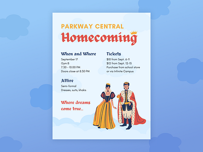 Homecoming dance informational flyer design blackletter canva castle clouds dance dreamy flyer homecoming king medieval prince princess queen royalty