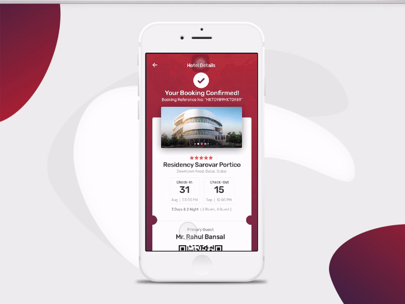 Travel App Hotel Confirmation Page app hotel confirmation screen checkin concept hotel checkin hotel confirmation page qrcode qrcode on confirmation screen scan and checkin share details share details via whatsapp travel travel app