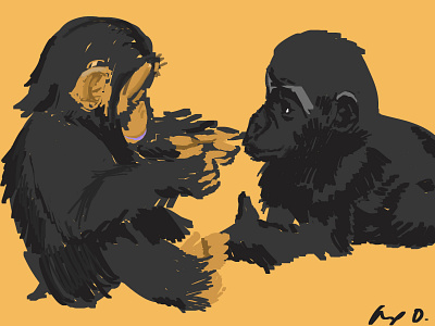 painting of a baby gorilla and baby chimp playing together illustration