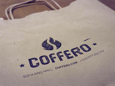 Coffee Shop Logo on Paper Bag brand brand design coffee shop coffero fire logo design mark paper bag ralev roaster stamp stars