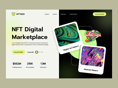 👾 NFT Digital Marketplace Website 3d art blockchain coins crypto design digital artwork digital money finance landing page marketplace metaverse modern nft research token transaction ui ux web design