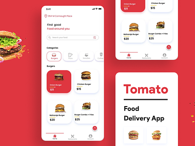 Tomato- Food Delivery App branding burger design fast food food food delivery ui