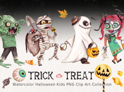 Watercolor Trick & Treating Kids Clipart bussines clipart design halloween illustration water color trick