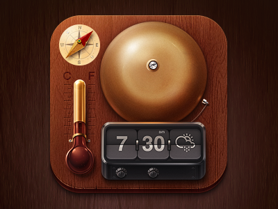 Whether icon alarm bell app bell brass compass crisp flip clock flip clock icon ios photoshop punk sketch steam punk thermometer vintage wacom weather whether wood