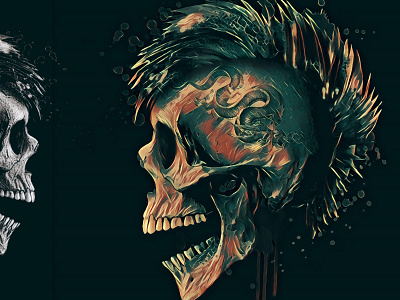 Skull art illustration.Rock music themed men t shirt graphic.