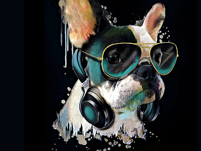 French bulldog watercolor portrait with a headphones.Graphic art