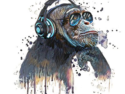 Chimp listening a music illustration.T shirt graphics.Animal DJ.