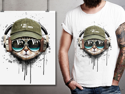 Watercolor cat listening a music illustration.T shirt graphics.