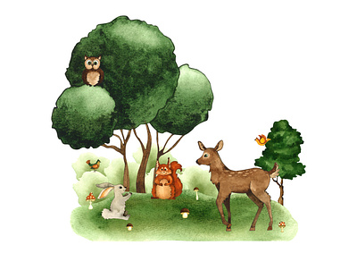 Forest story animals art baby cartoon character child clipart composition cute decoration design forest green hand drawn illustration mammal nature poster watrcolor wildlife