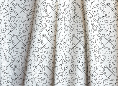 Hand-drawn seamless fabric pattern. Hearts, Bow and arrows. black and white colors childish cute design doodle love fabric hand drawn outline pattern seamless valentines day