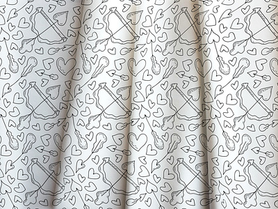 Hand-drawn seamless fabric pattern. Hearts, Bow and arrows.
