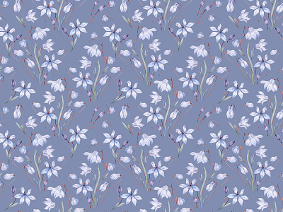 Watercolor spring flowers blue flowers botanical design floral flowers forest floral illustration patterns seamless pattern snowdrops spring flowers spring pattern watercolor