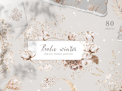 Boho winter atmosphere boho botanical cotton design dry flowers floral flowers frames illustration pastel colors seamless pattern watercolor winter wreath