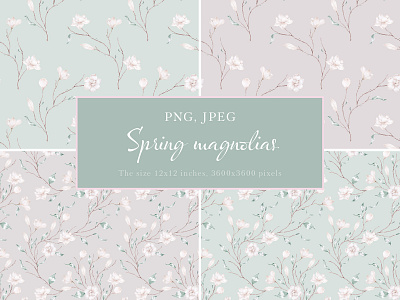 Spring Seamless pattern botanical branch design dusty pink floral pale green pastel colors pattern png seamless pattern spring flowers surface design watercolor white magnolias wrapping paper