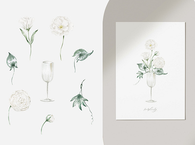 White Flowers for Poster design botanical clipart design elegant floral flowers illustration minimalistic postcard poster vase watercolor white flower
