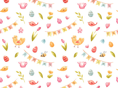 Spring pattern animal bird children colorful cute easter egg flag flower illustration pattern spring surface textile watercolor