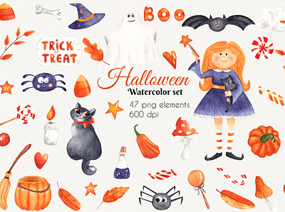 Spooky animal boo children colorful cute design halloween handdrawn holiday illustration pumpkin spooky sticker watercolor witch