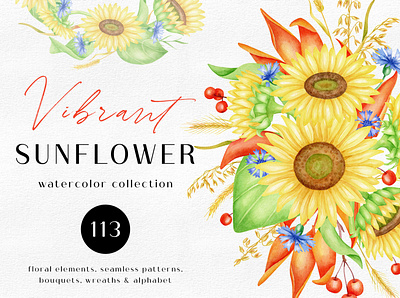 Vibrant Sunflower - Watercolor Collection autumn bouquets clipart collection fall floral flowers hand drawn rustic summer sunflower vibrant watercolor watercolor flowers wedding wreath yellow
