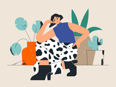 Cow print pants adobe illustrator character character design fashion girl illustration plant procreate sitting vector vector art woman