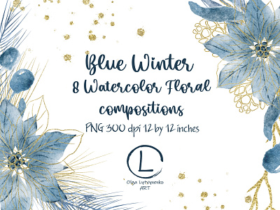 Watercolor Winter Floral Compositions blue and gold blue and gold floral watercolor composisions watercolor floral watercolor illustration winter floral compositions winter floral illustration winter floral sublimation