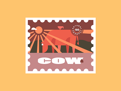 Cow stamp badge cow design forest illustration mail poster stamp sun sunest texture typography