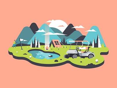 Camp Golf 🏕 camp camping cart design florest golf illustration mountain nature outdoors tree trekking vector