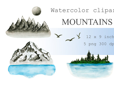Mountains clipart watercolor.Adventure,Landscape.