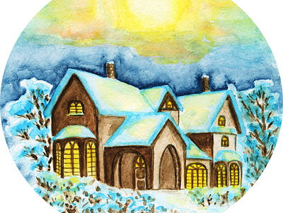 Watercolor drawing Winter landscape house in the forest! adventure paintings cozy house graphic design house in the forest illustration landscape logo scrapbooking wall art watercolor drawing watercolor painting winter decor winter home winter landscape