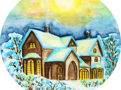 Watercolor drawing Winter landscape house in the forest!