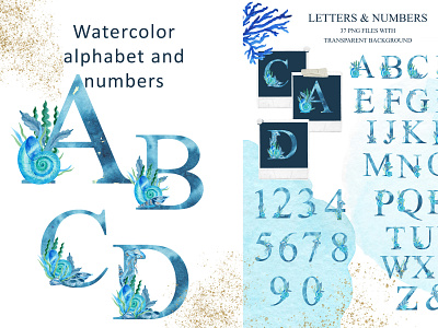 Alphabets and Numbers.Underwater Watercolor Collection.