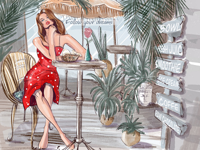 Lady in tropical cafe adventure beautiful lady cafe design digital art digital painting fashion fashion style illustration ipad pro art outfit polka dots dress procreate drawing summer time travel tropical island vacation mood woman young girl