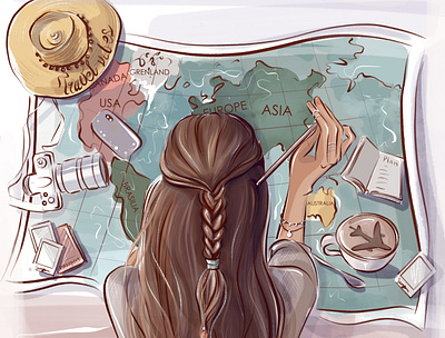 All over the world Travel illustration adventure time all over the world beautiful girl design digital art digital drawing fashion fashion style illustration jorney map painting procreate art travel travel destination vacation woman